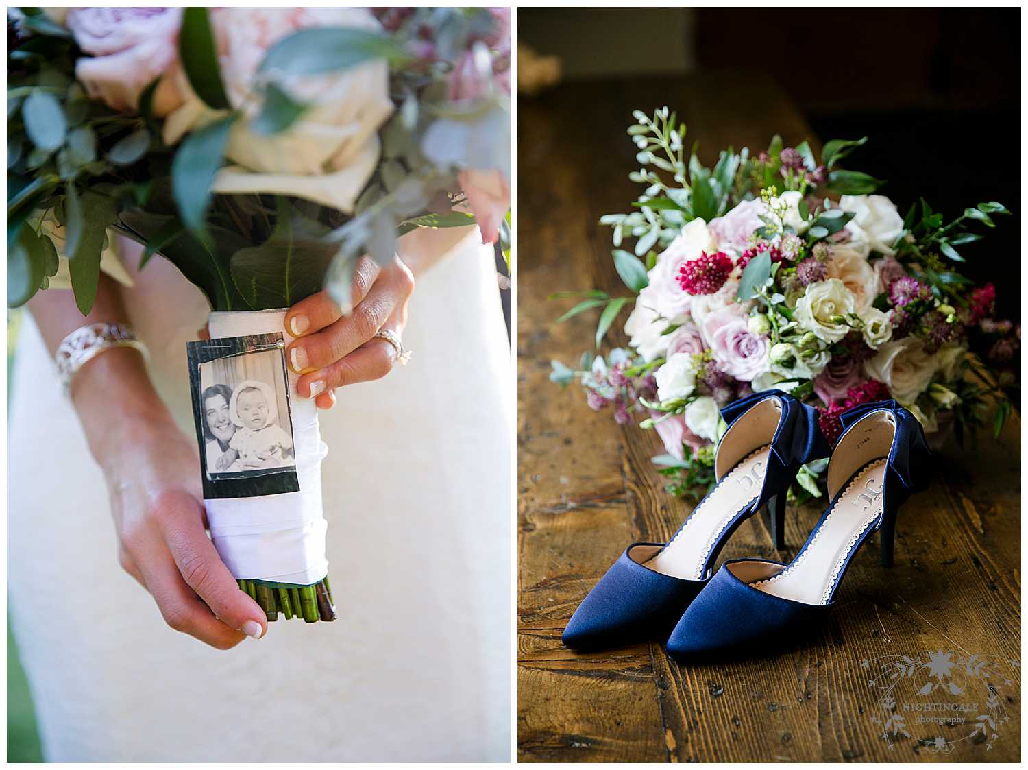 wedding details on bouquet and blue shoes