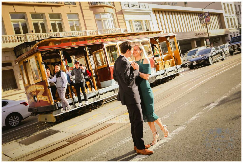 Cable car in San Francisco with couple