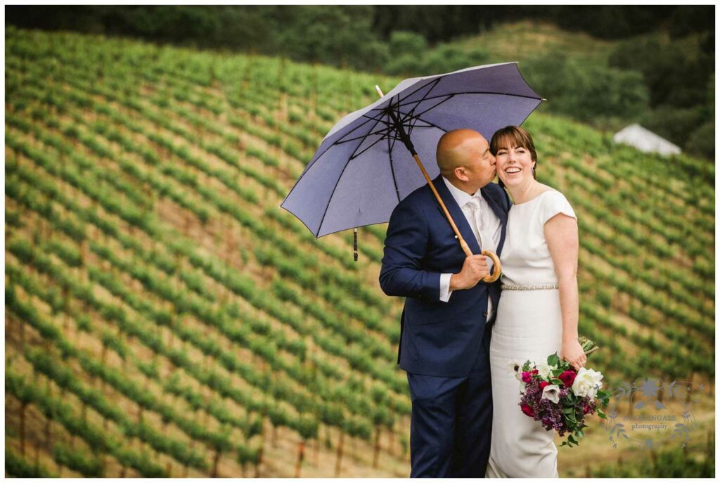 Wedding couple with umbrella in Sonoma Valley