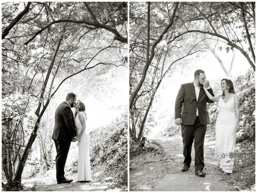 Couple walks in nature before their Piedmont Community Hall wedding