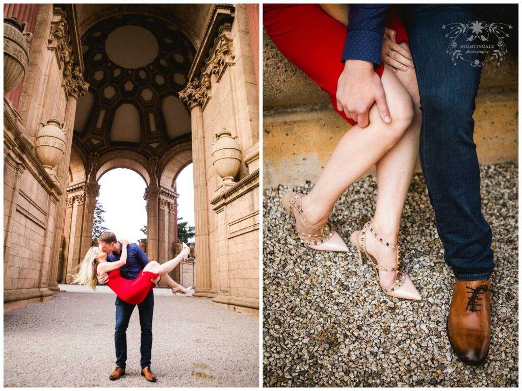 couple embraces during palace fine arts engagement pictures