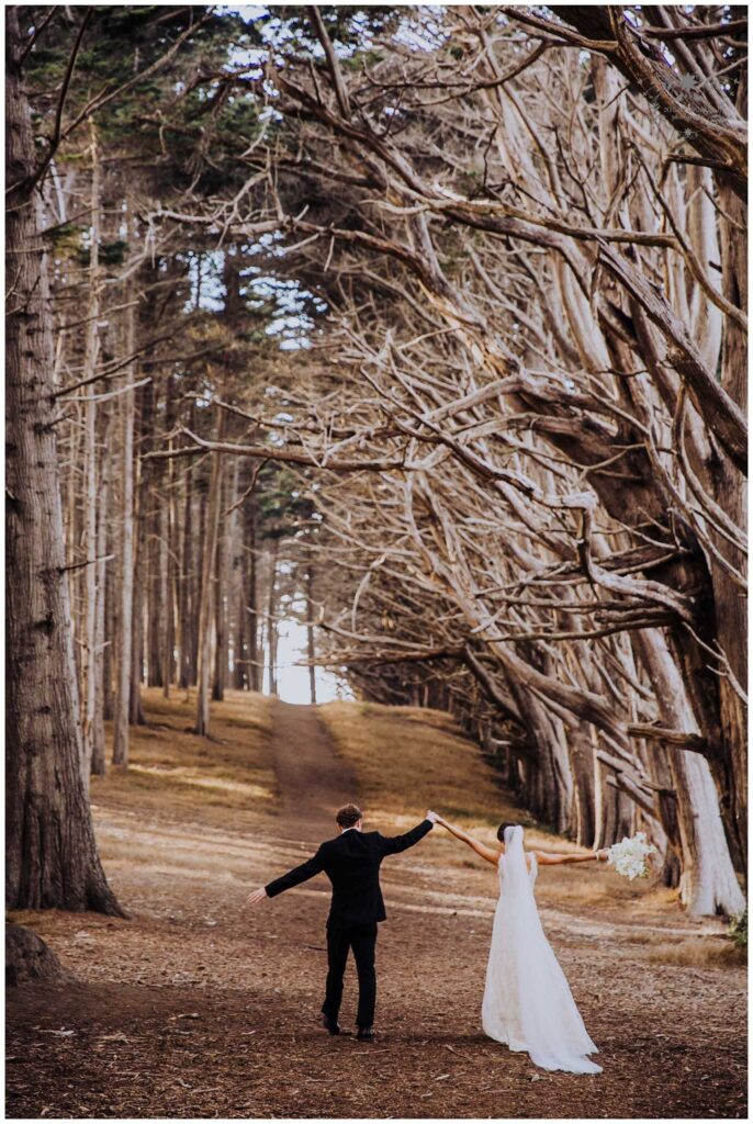 wedding portraits in grove of trees in northern california