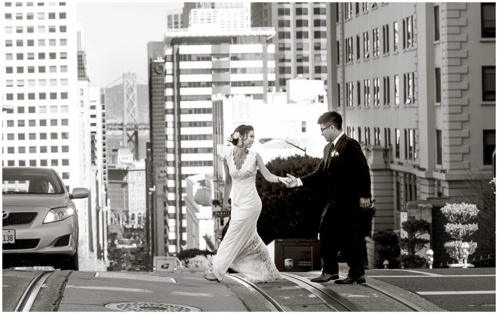 Photo of couple on the streets of San Francisco after their SF City Hall elopement