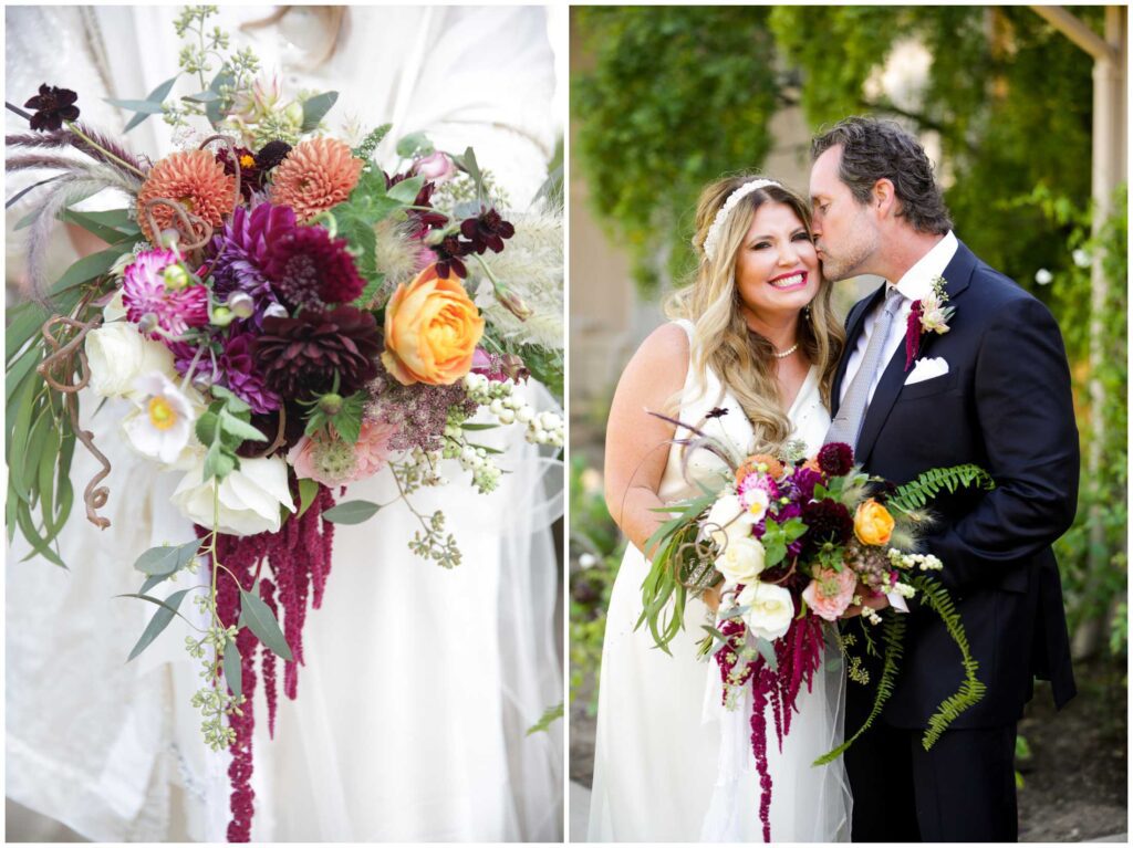 Elopement photography in Carmel Ca and carmel valley wedding photos of married couple with rustic bohemian bouquet