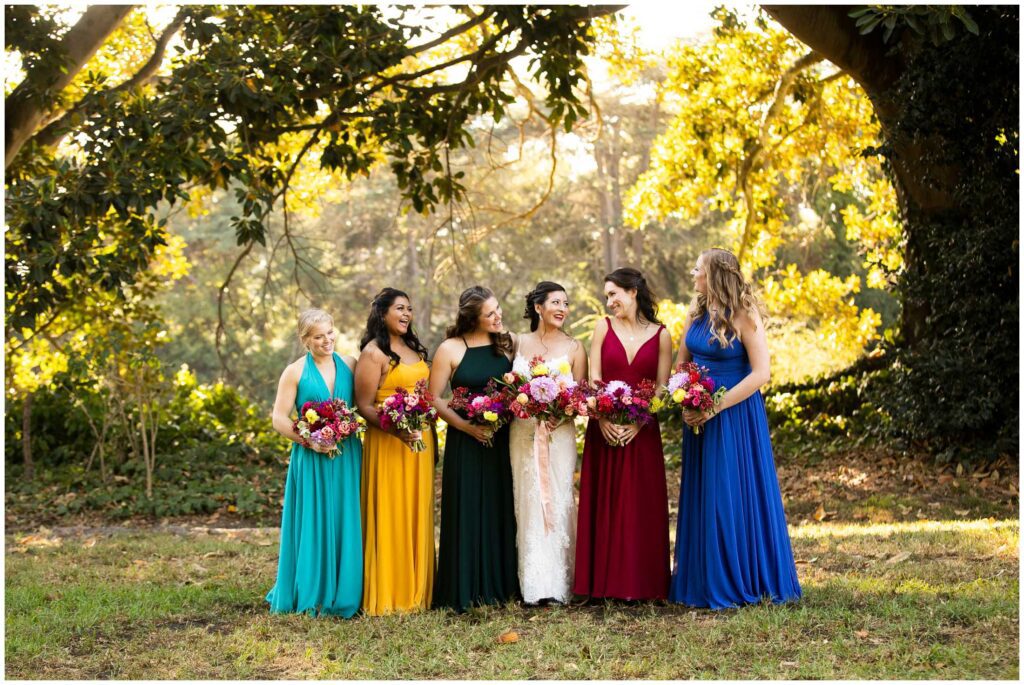 photos of jewel tones bridesmaids dresses from santa barbara wedding