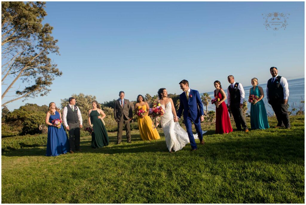 photos of bridal party after ceremony at wedding at rancho dos pueblos in goleta near santa barbara