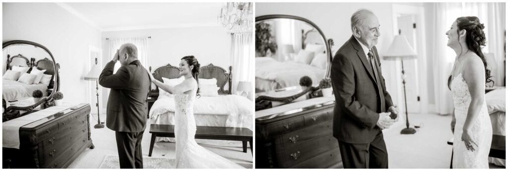 emotional first look for bride and her father in her wedding gown