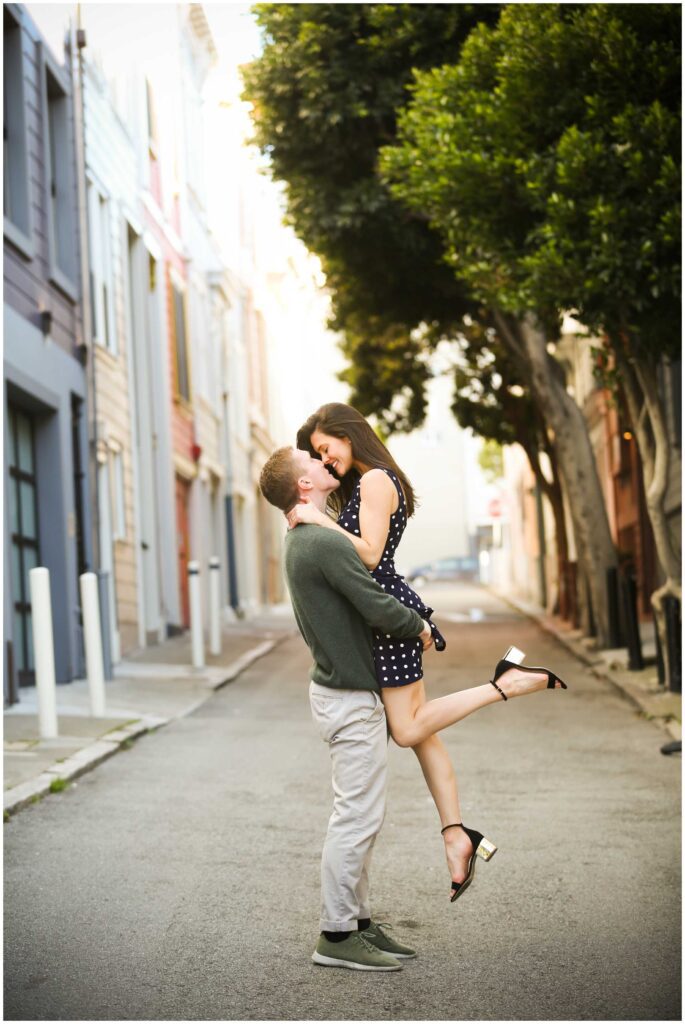 engaged couple in alleyway in san francisco