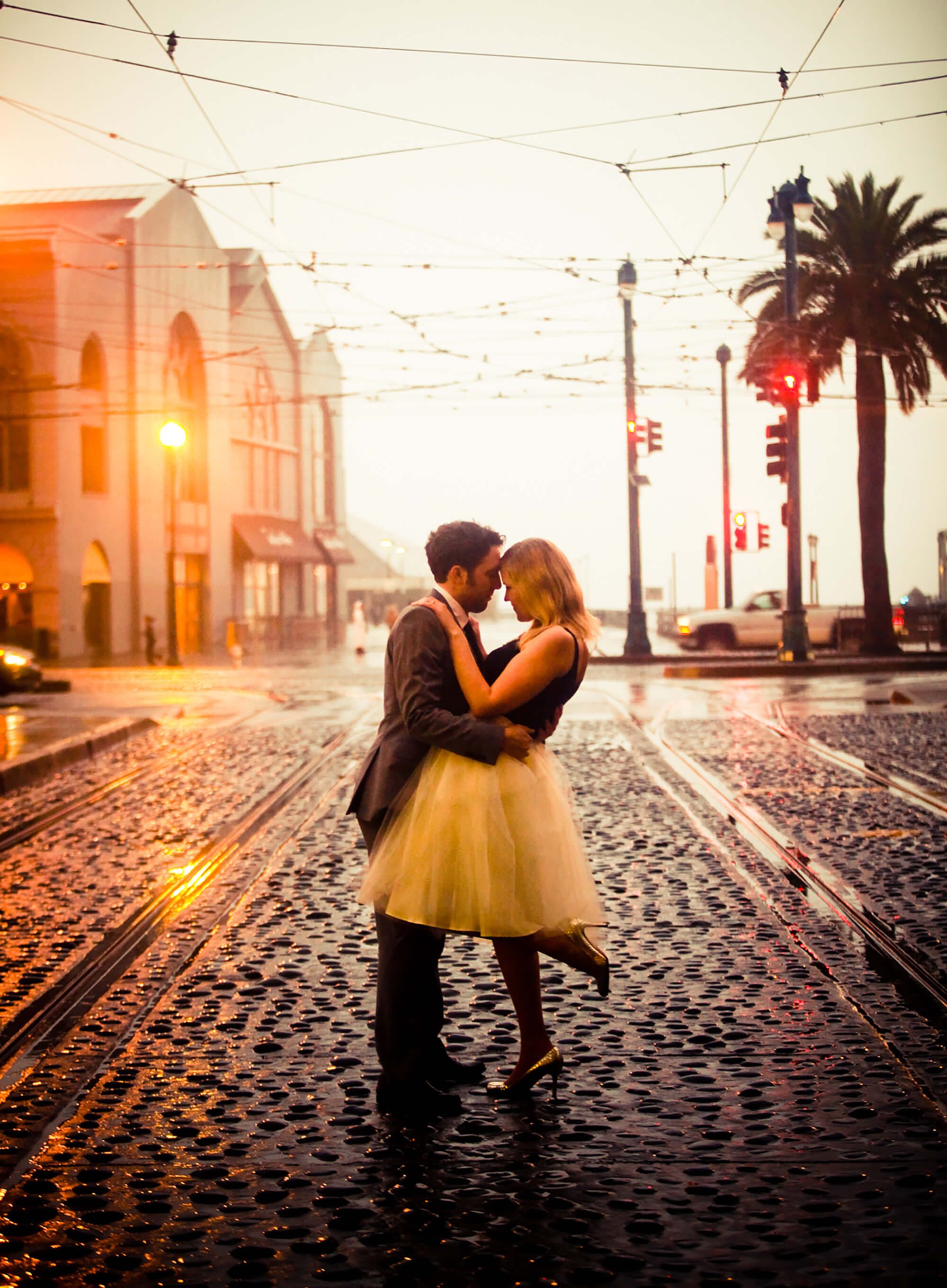 bay area engagement photographer - couple at sunset on SF street